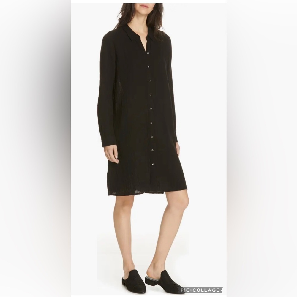 Eileen Fisher Organic Cotton Wrinkled Gauzy Mandarin Collar Shirt Dress Size PL